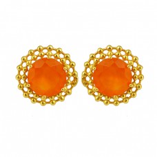 Filigree Designer Carnelian Round Shape Gemstone 925 Silver Gold Plaed Stud Earrings