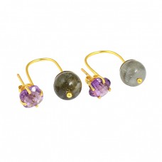 Amethyst Labradorite Round Shape Gemstone 925 Sterling Silver Gold Plated Hoop Earrings