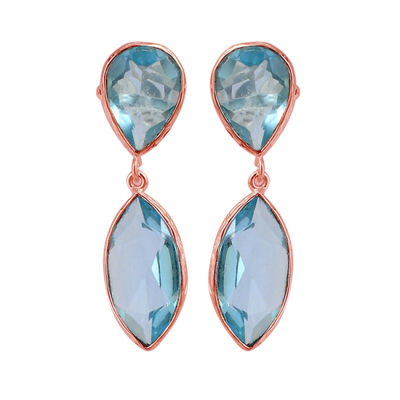 Blue Topaz Pear Marquise Shape Gemstone 925 Sterling Silver Stud Dangle Earrings