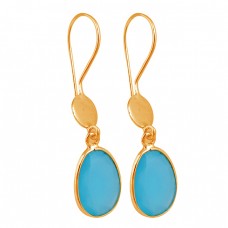 Faceted Oval Shape Blue Chalcedony Gemstone Fixed Ear Wire Dangle Earrings