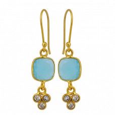 Aqua Chalcedony Cubic Zirconia Gemstone 925 Sterling Silver Gold Plated Dangle Earrings