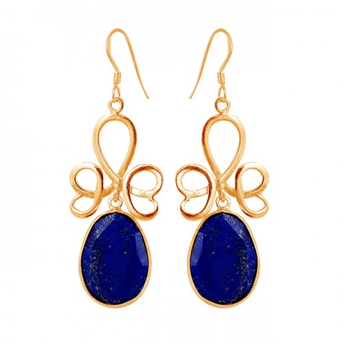 Designer Faceted Oval Shape Lapis Lazuli Gemstone 925 Silver Dangle Earrings