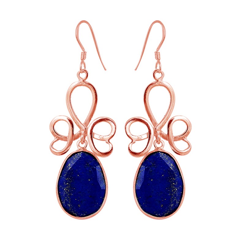 Designer Faceted Oval Shape Lapis Lazuli Gemstone 925 Silver Dangle Earrings