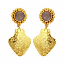 Hammered Designer Labradorite Round Shape Gemstone Gold Plated Stud Earrings
