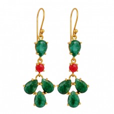 Pear Round Shape Emerald Ruby Gemstone Prong Setting Gold Plated Earrings