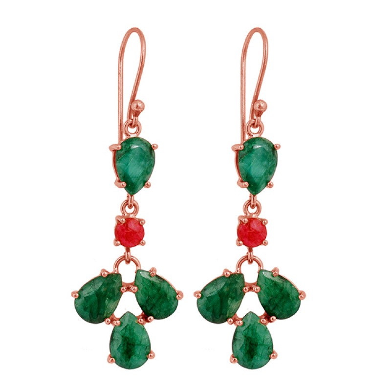 Pear Round Shape Emerald Ruby Gemstone Prong Setting Gold Plated Earrings