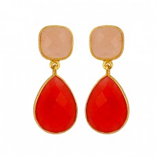 Chalcedony Ruby Gemstone 925 Sterling Silver Gold Plated Stud Dangle Earrings