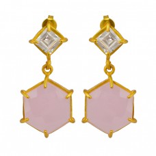 Chalcedony Cubic Zirconia Square Hexagon Shape Gold Plated Stud Dangle Earrings