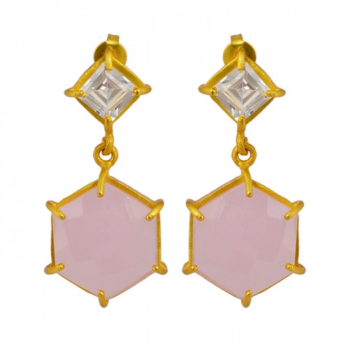 Chalcedony Cubic Zirconia Square Hexagon Shape Gold Plated Stud Dangle Earrings