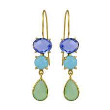 925 Sterling Silver Chalcedony Blue Quartz Gemstone Gold Plated Fixed Ear Wire Earrings