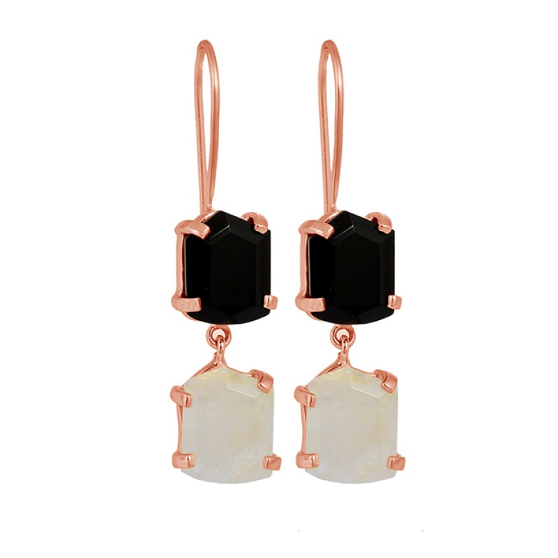 Prong Setting Onyx Moonstone 925 Sterling Silver Gold Plated Fixed Ear Wire Earrings