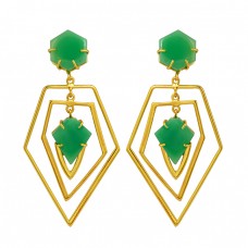 Natural Chrysoprase Gemstone 925 Sterling Silver Gold Plated Stud Dangle Earrings