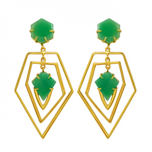 Natural Chrysoprase Gemstone 925 Sterling Silver Gold Plated Stud Dangle Earrings