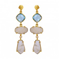 Blue Quartz Rainbow Moonstone 925 Sterling Silver Gold Plated Dangle Stud Earrings