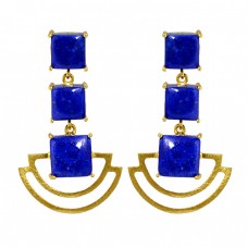 Square Cabochon Lapis Gemstone 925 Sterling Silver Gold Plated Dangle Earrings