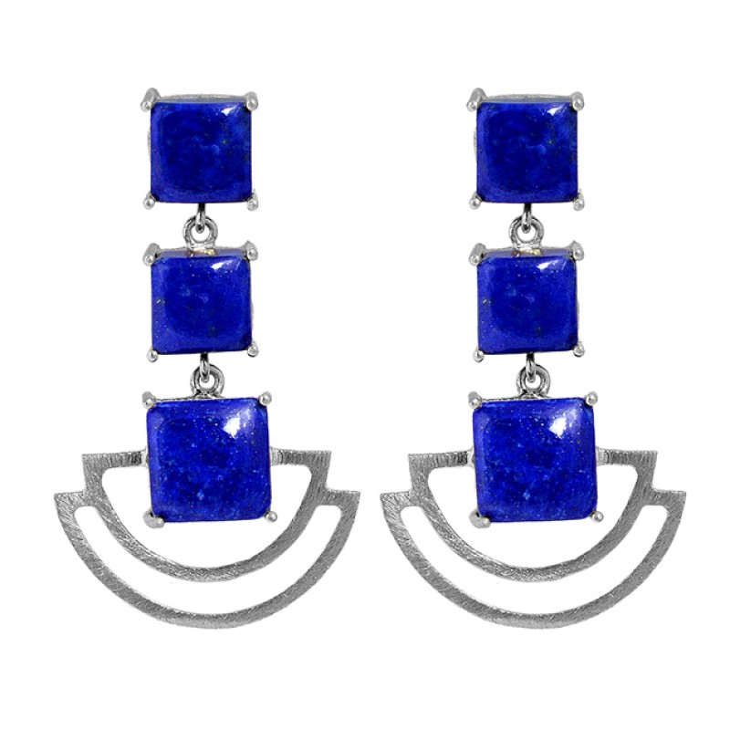 Square Cabochon Lapis Gemstone 925 Sterling Silver Gold Plated Dangle Earrings