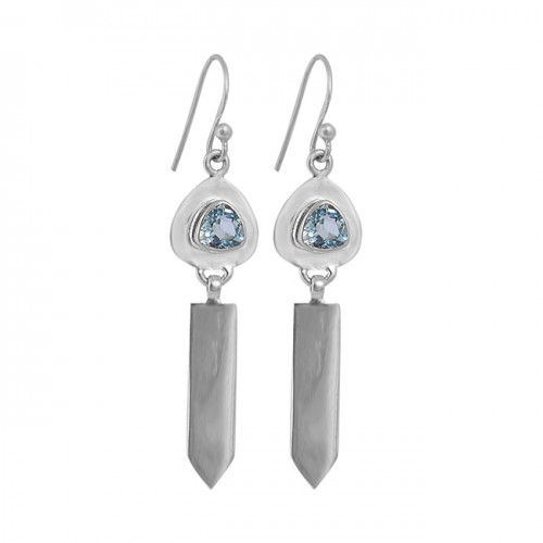Triangle Shape Blue Topaz Gemstone 925 Sterling Silver Handmade Dangle Earrings