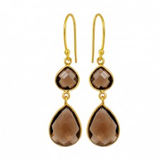 Smoky Quartz Gemstone 925 Sterling Silver Gold Plated Dangle Handmade Earrings