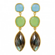 Labradorite Chalcedony Gemstone 925 Sterling Silver Gold Plated Dangle Stud Earrings