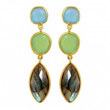 Labradorite Chalcedony Gemstone 925 Sterling Silver Gold Plated Dangle Stud Earrings