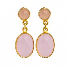 Rose Chalcedony Gemstone 925 Sterling Silver Gold Plated Dangle Stud Earrings