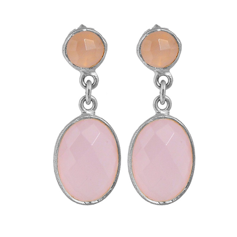 Rose Chalcedony Gemstone 925 Sterling Silver Gold Plated Dangle Stud Earrings