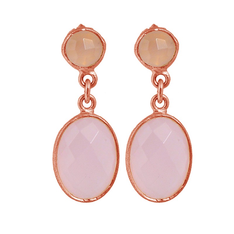 Rose Chalcedony Gemstone 925 Sterling Silver Gold Plated Dangle Stud Earrings