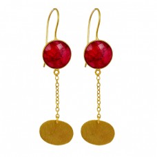 Stylish Ruby Briolette Round Shape Gemstone Gold Plated Fixed Ear Wire Earrings