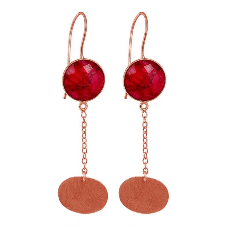 Stylish Ruby Briolette Round Shape Gemstone Gold Plated Fixed Ear Wire Earrings