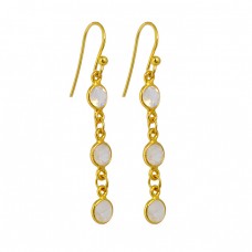 Rainbow Moonstone 925 Sterling Silver Gold Plated Bezel Setting Dangle Earrings