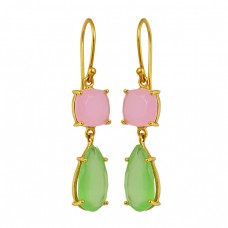 Prong Setting Chalcedony Gemstone 925 Sterling Silver Gold Plated Dangle Earrings