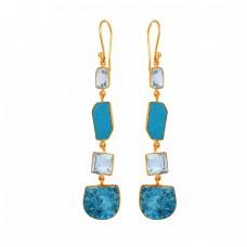 925 Sterling Silver Blue Topaz Turquoise Gemstone Gold Plated Dangle Earrings