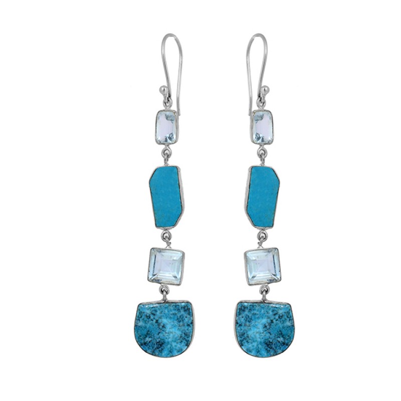 925 Sterling Silver Blue Topaz Turquoise Gemstone Gold Plated Dangle Earrings