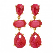 Ruby Pear Marquise Shape Gemstone 925 Sterling Silver Gold Plated Stud Earrings