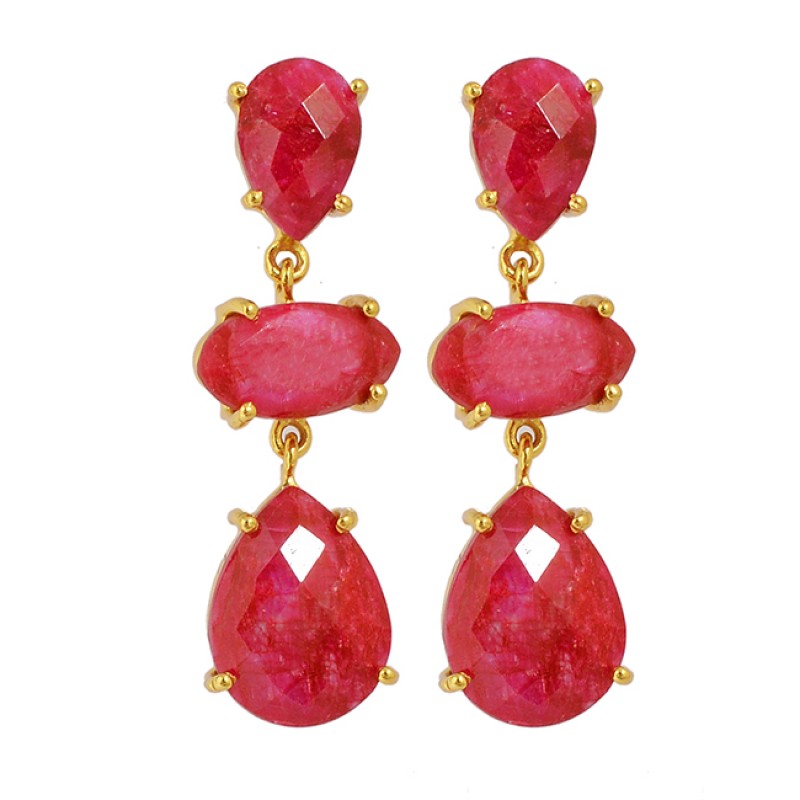 
									Ruby Pear Marquise Shape Gemstone 925 Sterling Silver Gold Plated Stud Earrings