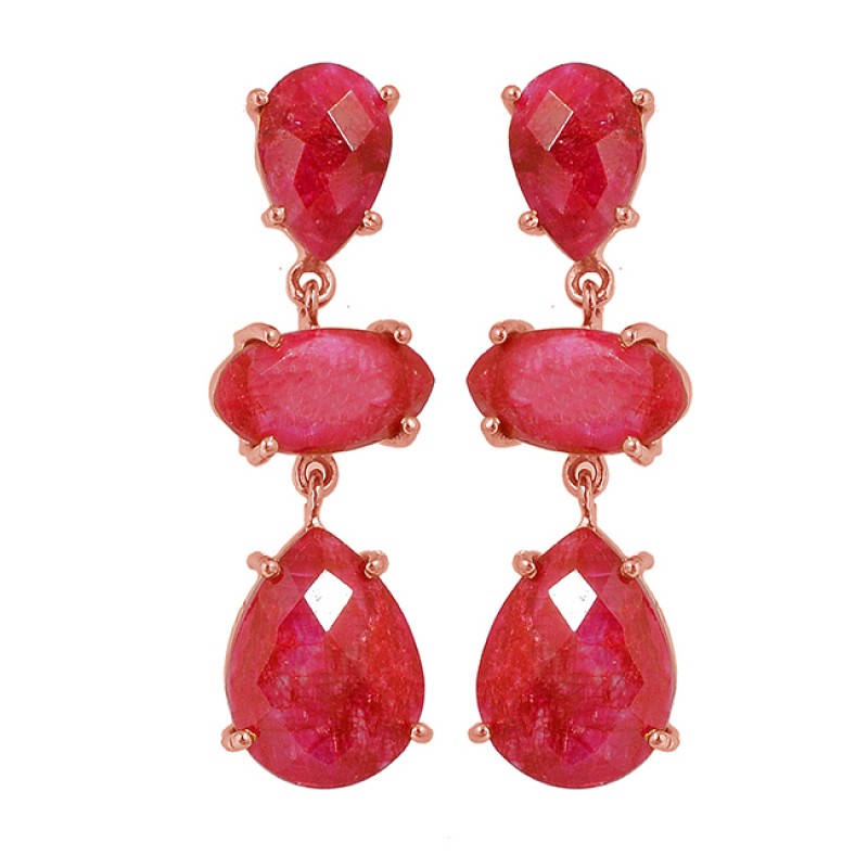 Ruby Pear Marquise Shape Gemstone 925 Sterling Silver Gold Plated Stud Earrings