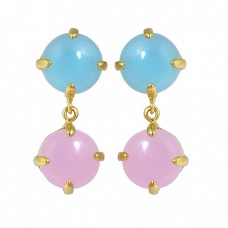 Round Cabochon Chalcedony Gemstone 925 Sterling Silver Gold Plated Stud Dangle Earrings