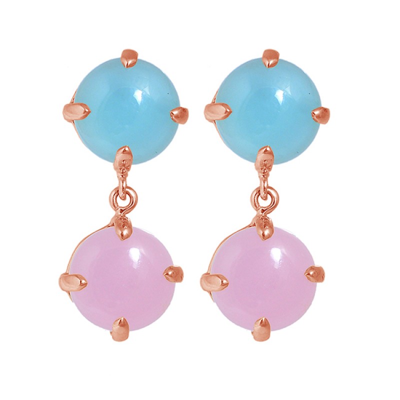 Round Cabochon Chalcedony Gemstone 925 Sterling Silver Gold Plated Stud Dangle Earrings