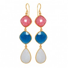 Cushion Pear Shape Gemstone 925 Sterling Silver Gold Plated Bezel Setting Earrings
