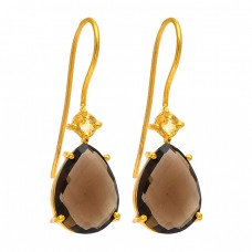 Smoky Quartz CZ Gemstone 925 Sterling Silver Gold Plated Dangle Handmade Earrings