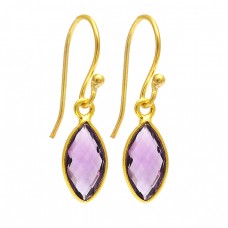 Marquise Shape Amethyst Gemstone 925 Sterling Silver Gold Plated Dangle Earrings