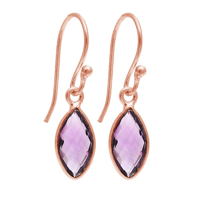 Marquise Shape Amethyst Gemstone 925 Sterling Silver Gold Plated Dangle Earrings