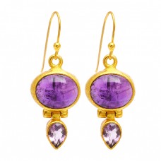 Amethyst Oval Pear Shape Gemstone 925 Sterling Silver Gold Plated Dangle Earrings