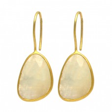 Oval Shape Rainbow Moonstone 925 Sterling Silver Gold Plated Fixed Ear Wire Earrings