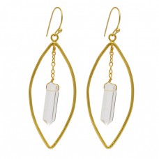 Pencil Shape Crystal Gemstone 925 Sterling Silver Gold Plated Chain Dangle Earrings