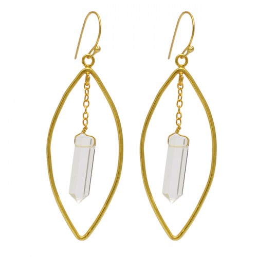 Pencil Shape Crystal Gemstone 925 Sterling Silver Gold Plated Chain Dangle Earrings