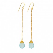 Pear Shape Blue Topaz Gemstone 925 Sterling Silver Gold Plated Chain Dangle Earrings