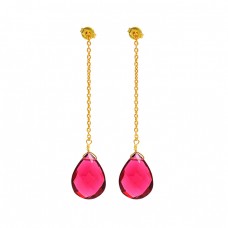 925 Sterling Silver Pink Quartz Gemstone Gold Plated Chain Dangle Stud Earrings