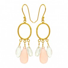 Chalcedony Amethyst Gemstone 925 Sterling Silver Gold Plated Dangle Earrings