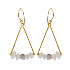 925 Sterling Silver Herkimer Diamond Rough Gemstone Gold Plated Dangle Earrings